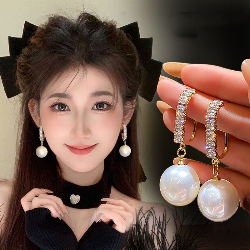 Anting Tusuk Gantung Temperament Bahan Sterling Silver 925 Desain Geometri + Mutiara + Berlian Gaya Korea / Elegan / Simple Untuk Wanita