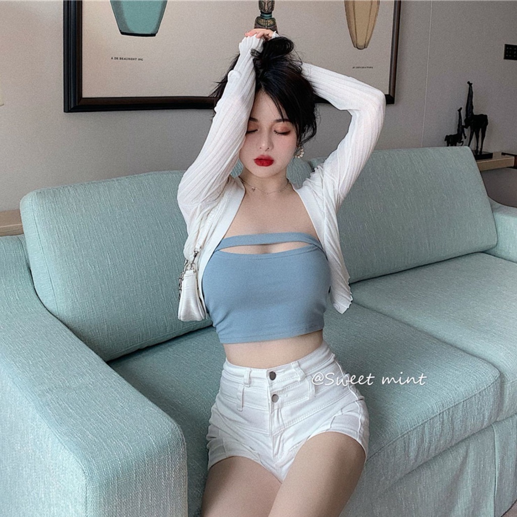 Red Rajutan putih kardigan kecil mantel tipis wanita musim semi dan musim panas hot girl tube top rompi pendek top set dua potong baru