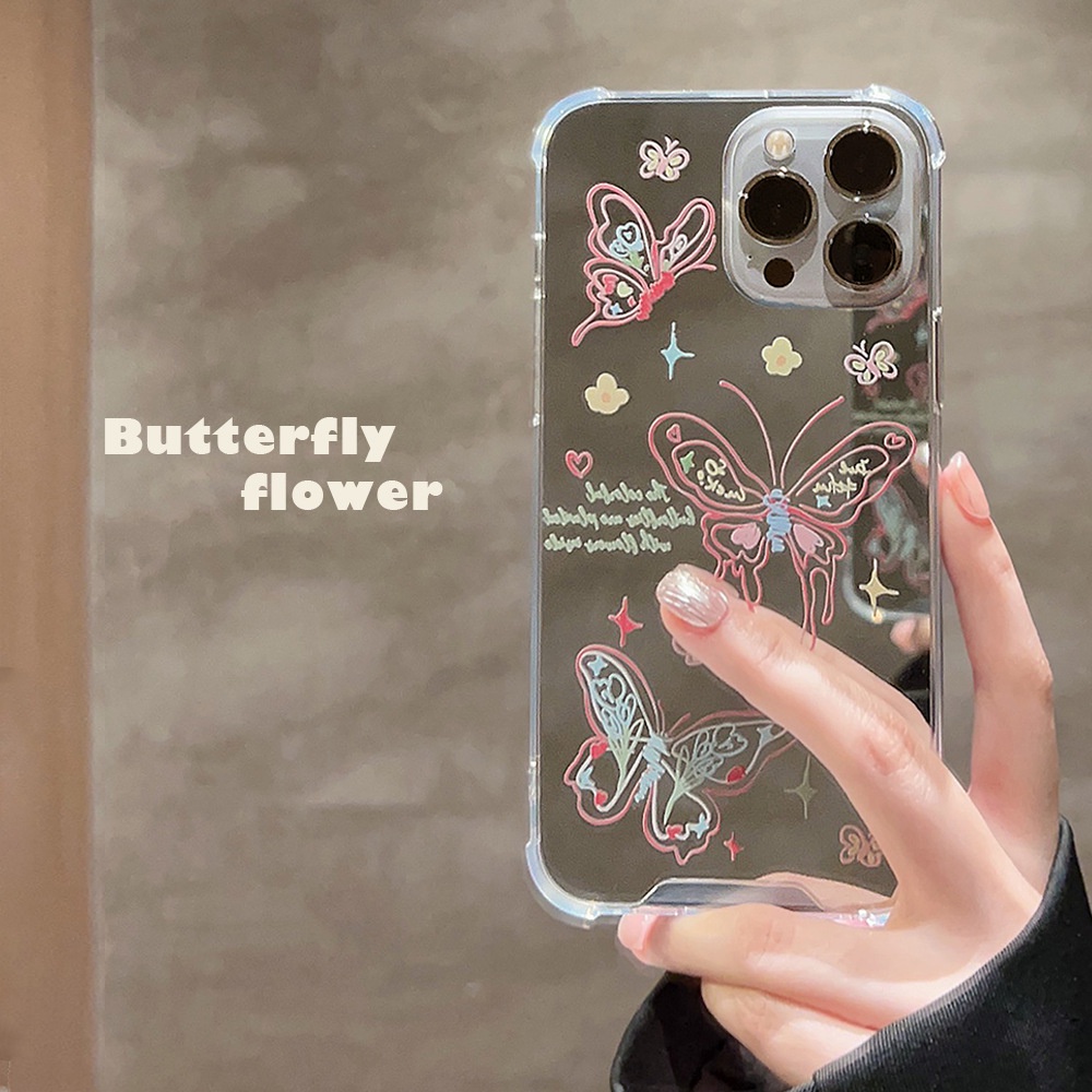 IPHONE Sketsa Musim Semi Butterfly Phone Mirror Case Makeup Covers Untuk Iphone7 8 PLUS X XR XS 11 12 13 14 MINI PRO MAX SE 2020