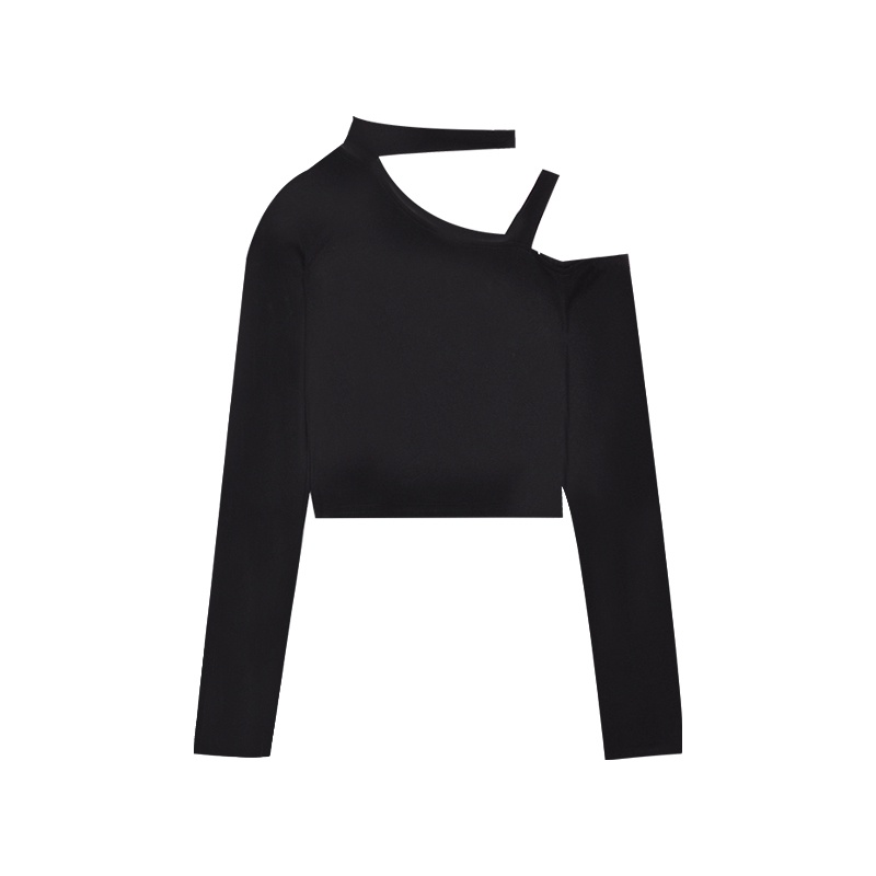 ❁❇#COD Suhao desain hitam strapless halter neck t-shirt wanita musim semi slim lengan panjang bottoming kemeja seksi pinggang tinggi atasan pendek