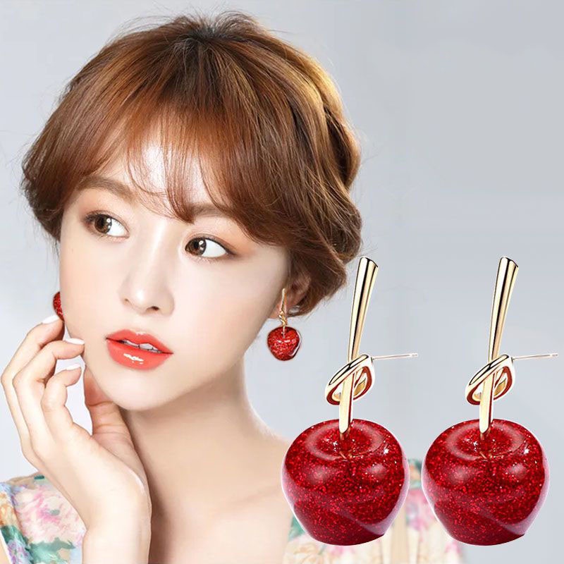 Anting Stud Panjang Desain Cherry Merah Bahan 925 Silver Needle Gaya Hipster Korea Untuk Wanita