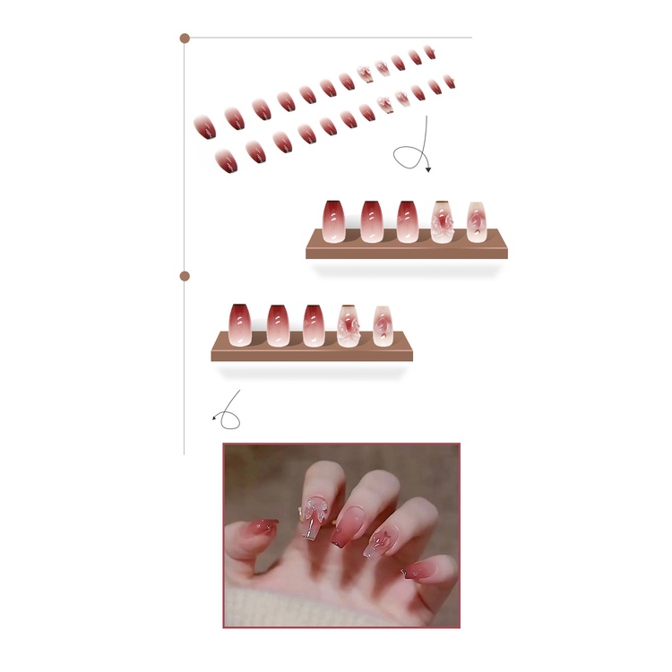 24pcs Set Kuku Palsu Busur Transparan Panjang Dengan Stiker Z311