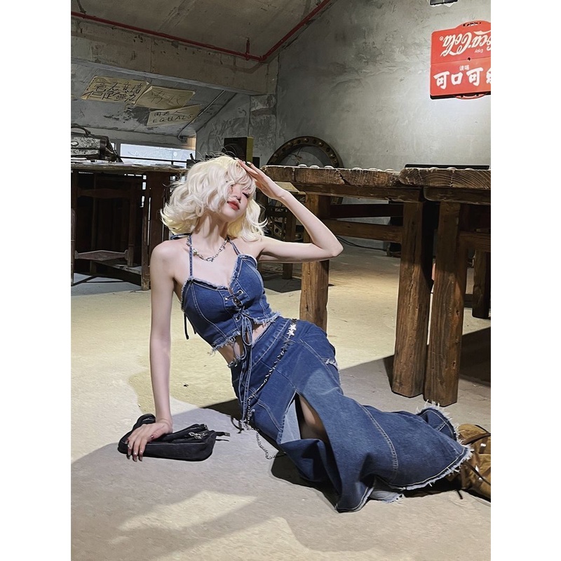 Setelan denim Amerika yang keren dan keren untuk wanita rompi halter bertali vintage rok fishtail te