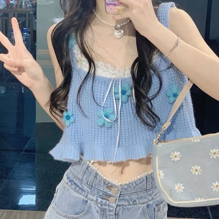 Atasan kamisol rajutan bunga biru ceruk desain musim panas wanita ceruk atasan pendek luar tanpa len