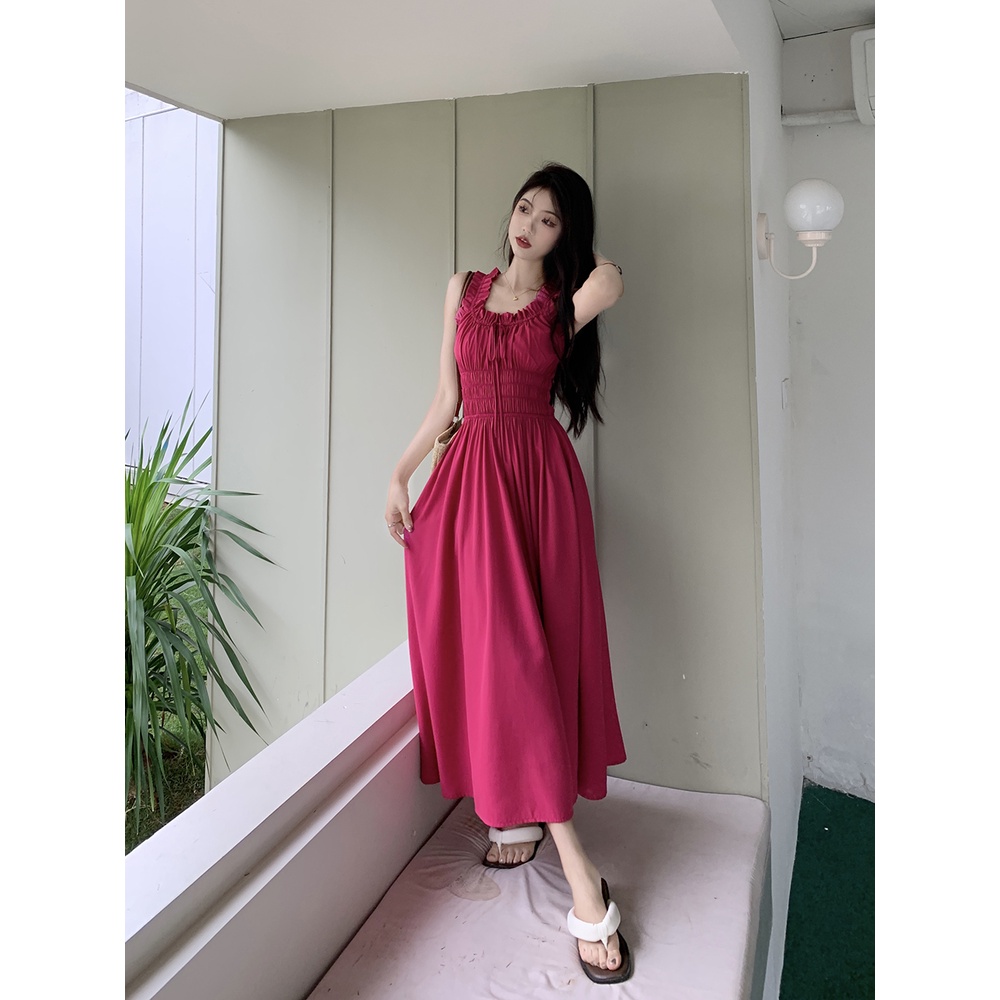 ❏☁▬Perancis retro suspender dress wanita musim panas mawar merah rok pinggang slim temperamen dasi lipit rok panjang