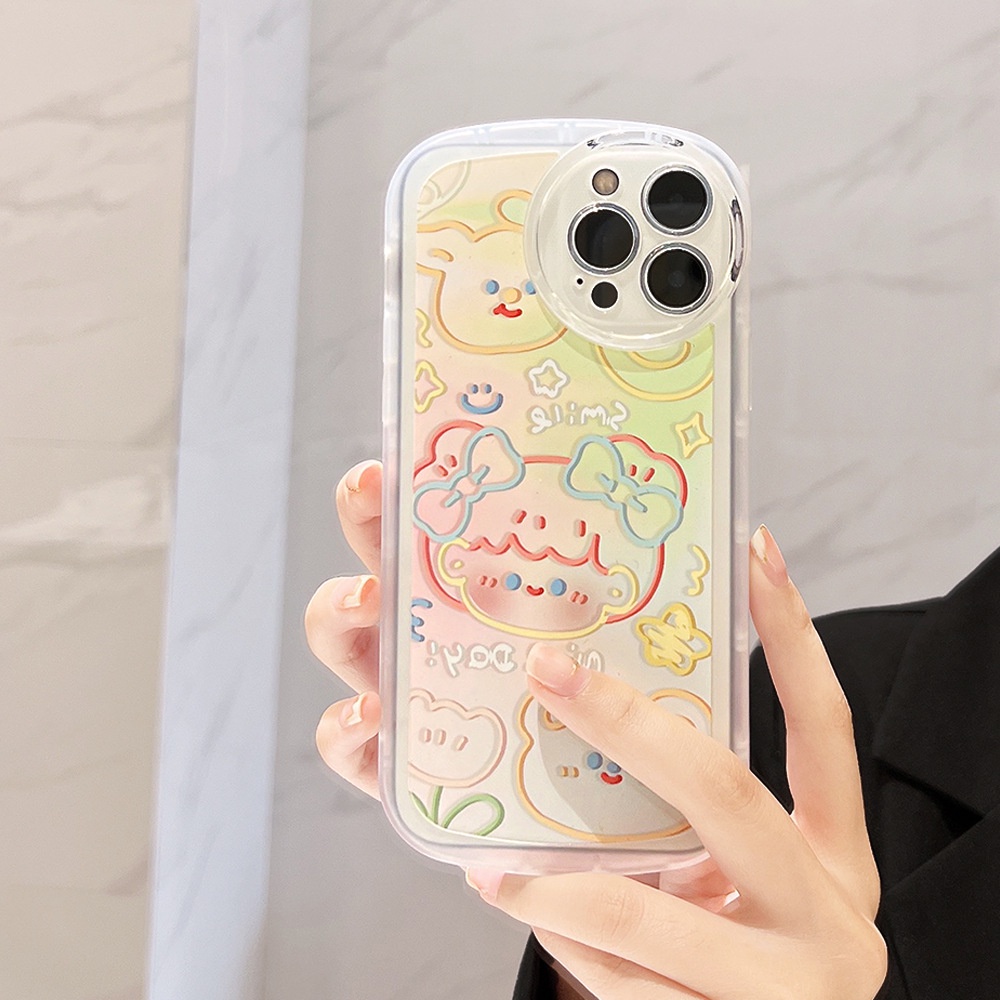 IPHONE Doodle Kartun Gadis Bulat Pelindung Lensa Kamera Semi Transparan Phone Case Cover Untuk Iphone7 8 PLUS X XR XS 11 12 13 14 PRO MAX SE 2020