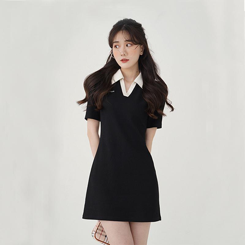 Red Eureka Drape POLO Kerah Gaun Wanita Musim Panas College Slim Fit Slim Tas Hip Rok A-line Rok Pendek Gaun Hitam Kecil