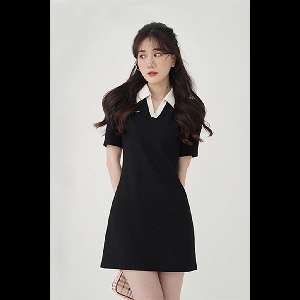 Red Eureka Drape POLO Kerah Gaun Wanita Musim Panas College Slim Fit Slim Tas Hip Rok A-line Rok Pendek Gaun Hitam Kecil