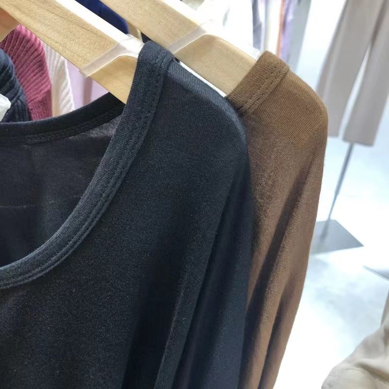 Red Malas Atasan Wanita Celah Lengan Panjang Ukuran Besar Versi Korea Longgar Drape Slim Leher Besar T-shirt Sekali Pakai Bagian Tipis tabir Surya T