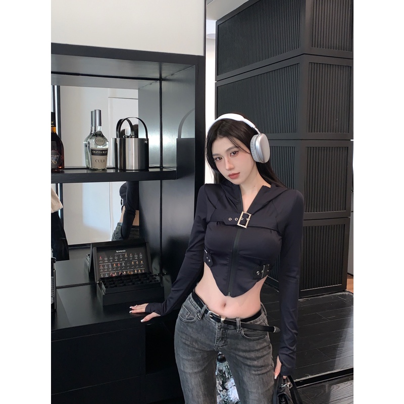 ❇﹍#COD Suhao hot girl hooded long-sleeve t-shirt women s spring design sense niche zipper tight regular short top bottoming shirt