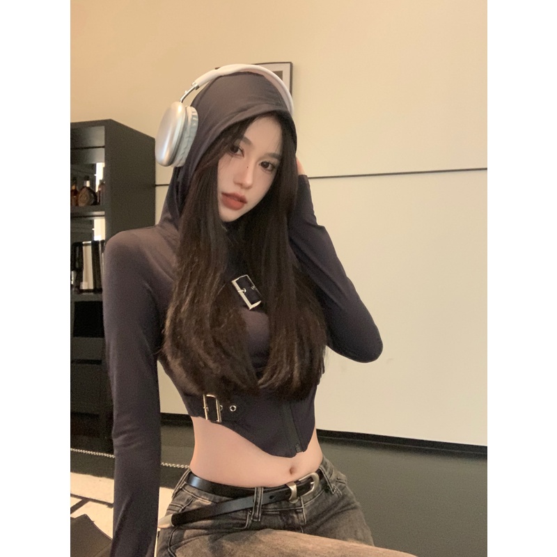 ❇﹍#COD Suhao hot girl hooded long-sleeve t-shirt women s spring design sense niche zipper tight regular short top bottoming shirt