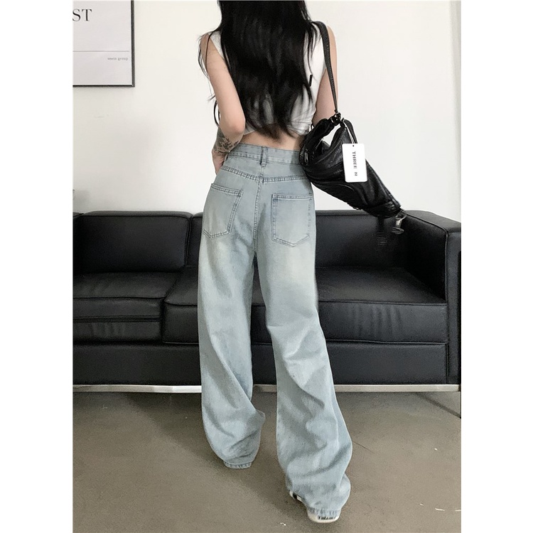 American retro ripped jeans wanita musim panas pasang pinggang tinggi rasa desain ceruk lurus lebar kaki celana panjang