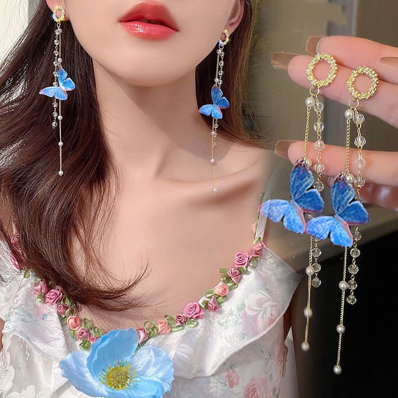 Anting Rumbai Bentuk Kupu-Kupu Aksen Mutiara Warna Biru Gaya Korea