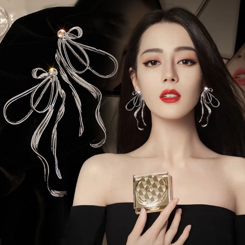 Anting 925 Silver Needle Desain Pita Aksen Berlian Bahan Logam Gaya Korea