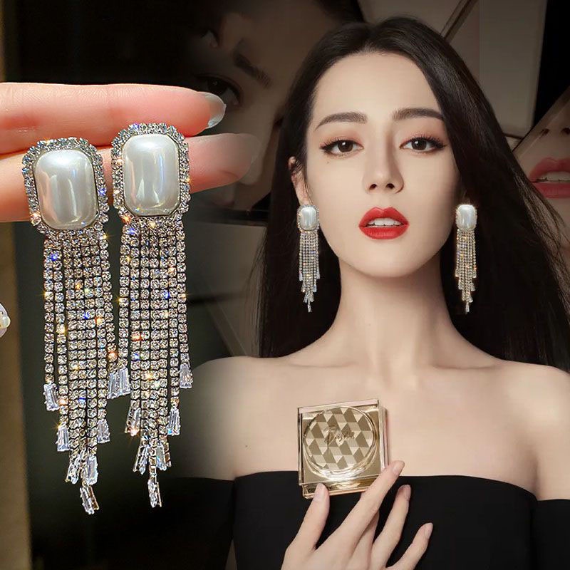 Anting Rumbai Panjang Hias Mutiara Berlian Imitasi