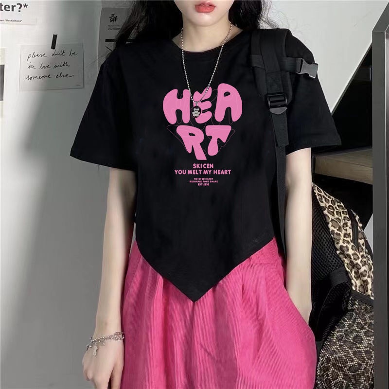 Red 100% katun ins baru musim panas T-shirt pendek siswa perempuan lengan pendek ramping pusar terkena all-match hot girl top female tide