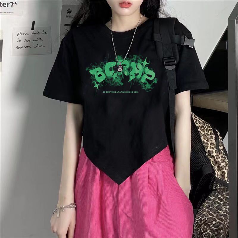 Red 100% katun ins baru musim panas T-shirt pendek siswa perempuan lengan pendek ramping pusar terkena all-match hot girl top female tide