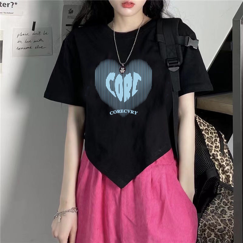 Red 100% katun ins baru musim panas T-shirt pendek siswa perempuan lengan pendek ramping pusar terkena all-match hot girl top female tide