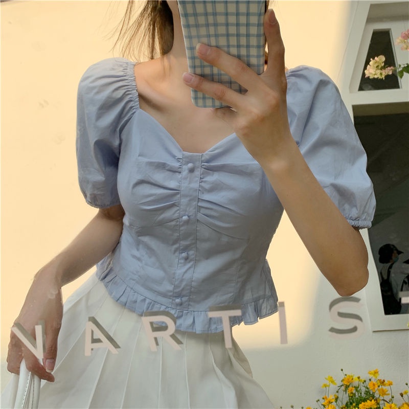 Red Rasa desain ceruk French retro square collar Hyuna kemeja lengan engah pendek gadis musim panas biru lengan setengah BM top