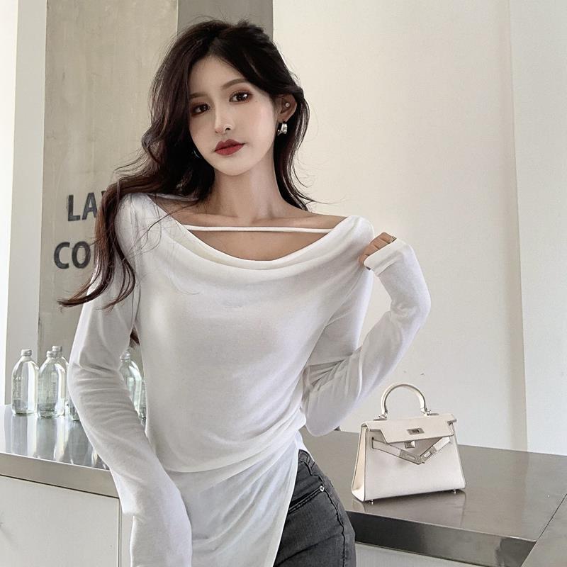 Red Swing collar t-shirt wanita keinginan murni celah angin setengah panjang lengan panjang kemeja musim semi slim versi Korea dari hot girl top