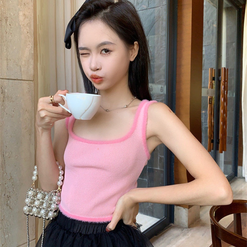Red Berhati-hatilah mesin retro jahitan mewah top ungu pendek slim-fit rajutan bottoming rompi suspender musim panas untuk wanita
