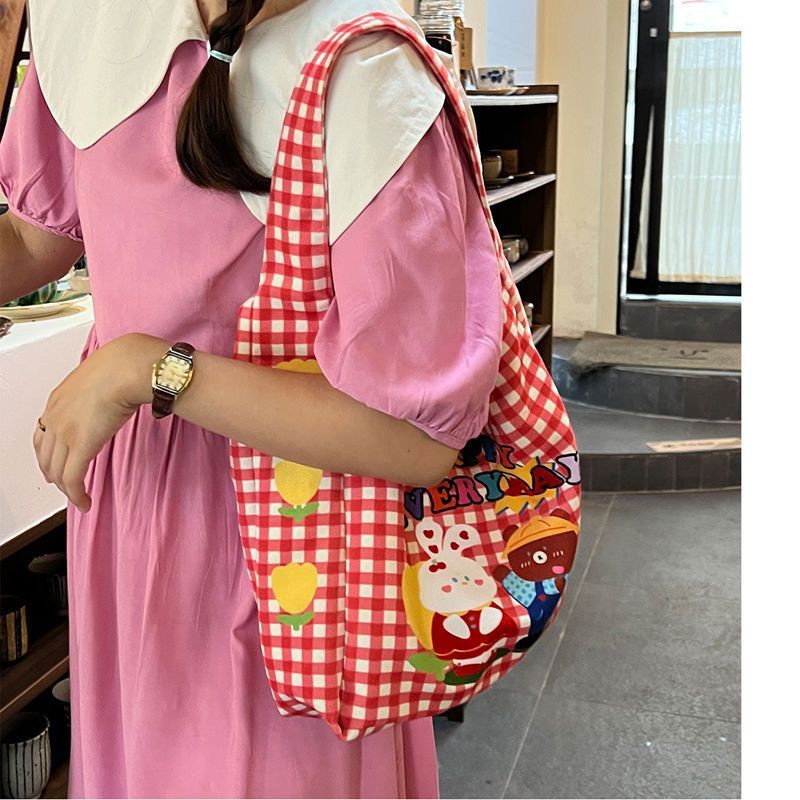 ✐◘۞Sera  Toko Desain Asli Musim Gugur Musim Dingin Retro Lucu Merah Kotak-kotak Kartun Ilustrasi Kanvas Tas Ketiak Tote Tas Tas Bahu Wanita