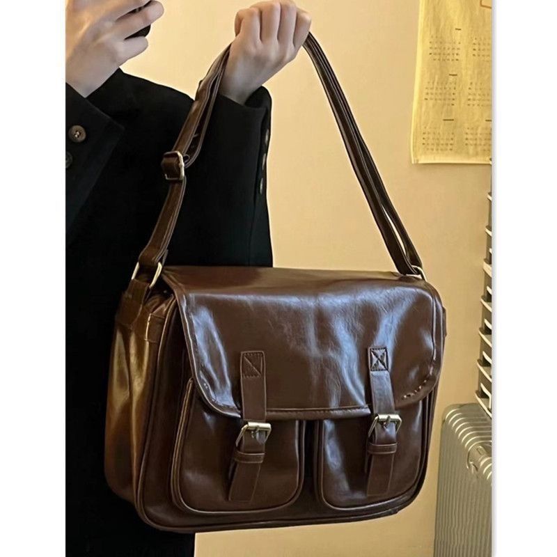 ✽✒Sera  special tune chestnut brown ~ high-grade oily wax leather tas messenger diagonal kapasitas besar tas bahu gaya kampus retro Jepang