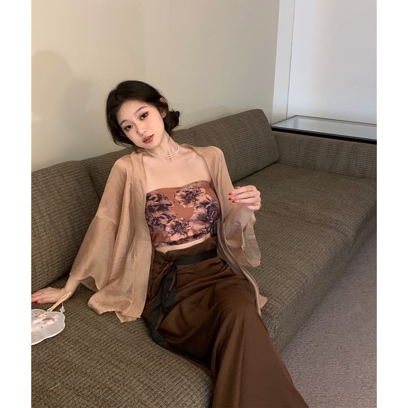 ∋✒☬Suhao Cina Baru Zen Suit Tube Top Rompi Wanita Musim Panas Chiffon Tabir Surya Kardigan Rok Panjang Rok Tiga Potong Tanaman top Seksi Tank Top Wanita Motif