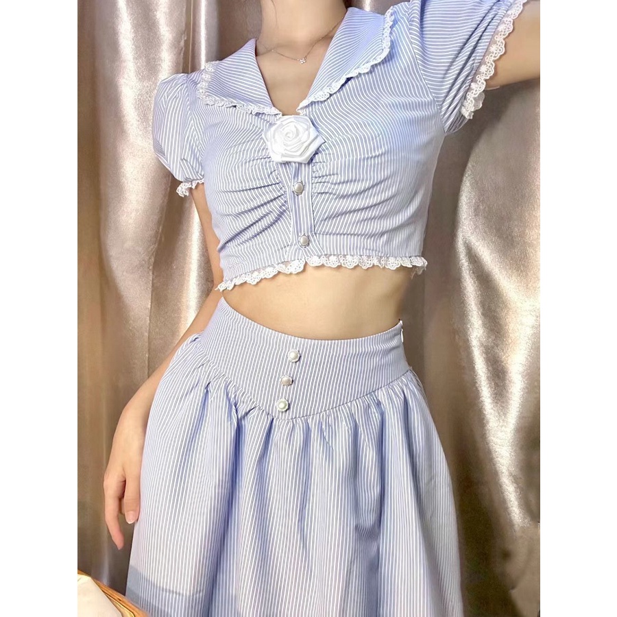 Red Dua potong lukisan cat minyak Prancis terasa ceruk renda elegan lengan pendek kemeja pendek tepi renda setelan rok panjang