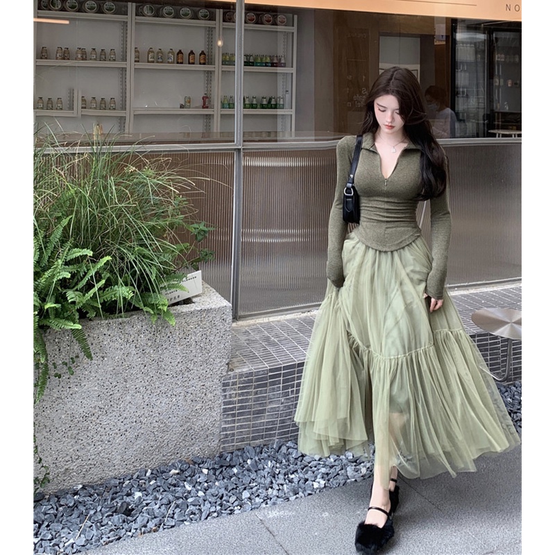 ▤✜#COD Suhao high waist mesh a-line skirt women s clothing spring 2023 new hot girl sexy temperamen payung rok mid-length skirt