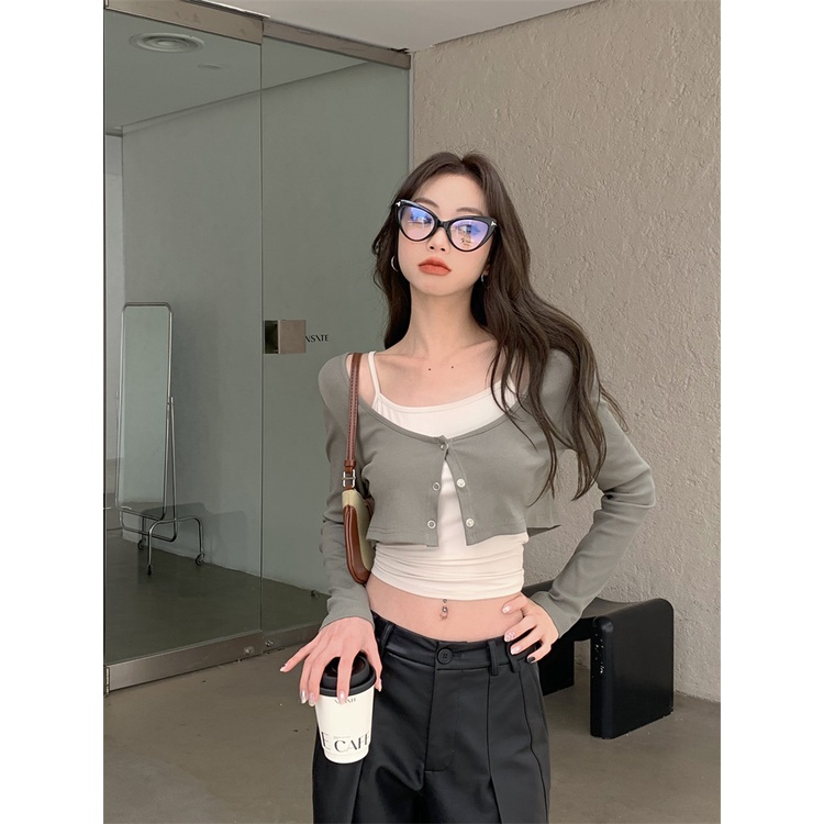 ☃◐☒#COD Suhao hot girl simple lengan panjang T-shirt pakaian wanita musim semi 2023 baru warna solid kardigan pendek kecil set dua potong