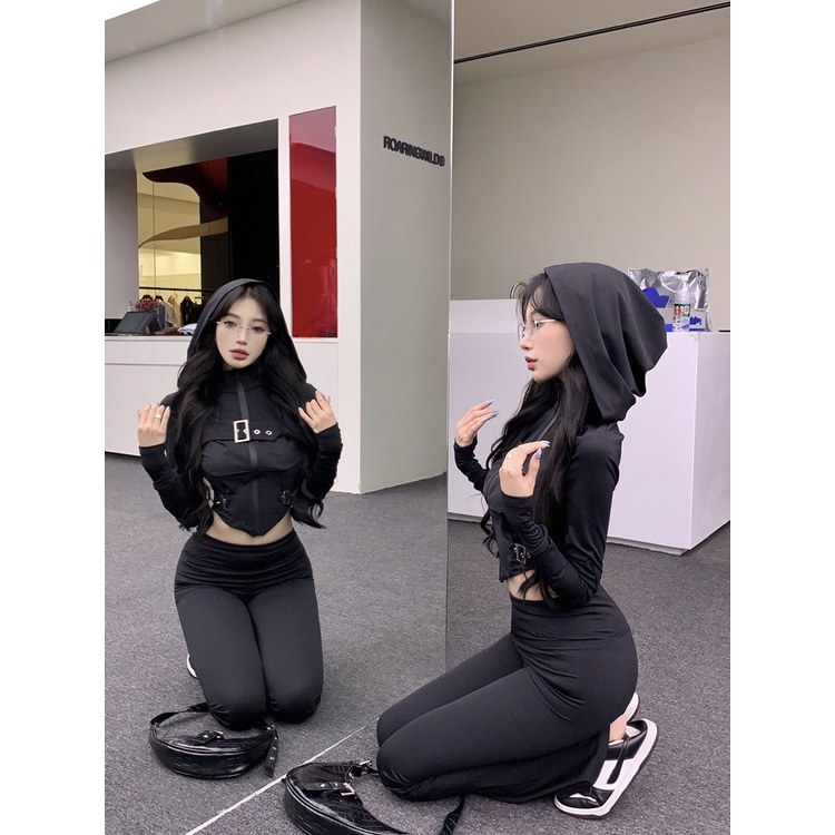 ✴✓#COD Suhao hot girl black hooded long-sleeve t-shirt women s spring short zipper sport irregular design sense niche top