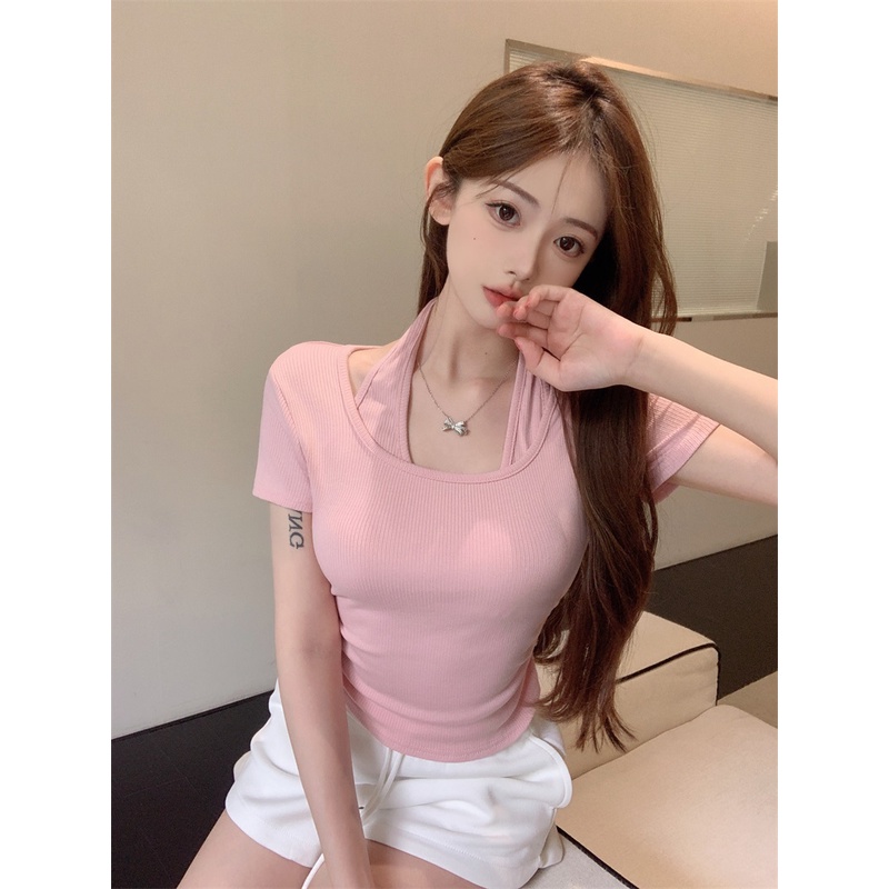 ☾✔▥#COD Suhao Pure Desire Wind Halter Neck Lengan Pendek T-shirt Wanita Musim Panas Pink Hot Girl Ketat dan Tipis All-Match Design sense Niche Top