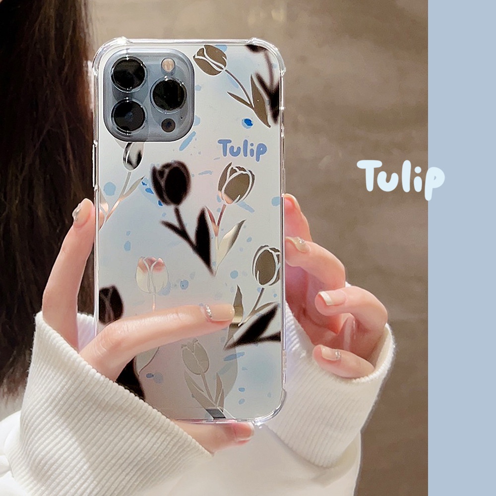 IPHONE Ins Bunga Tulip Cermin Siluet Shockproof Corners Phone Case Cover Untuk Iphone7 8 PLUS X XR XS 11 12 13 14 MINI PRO MAX SE 2020