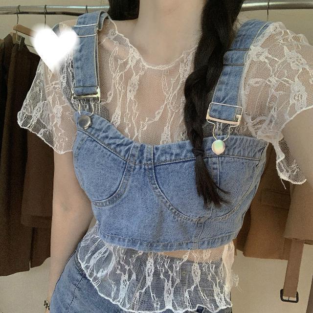 Red Denim strap net red vest wanita pakaian luar musim panas trendy hot girl one-piece suit short lace bottoming sleeveless top