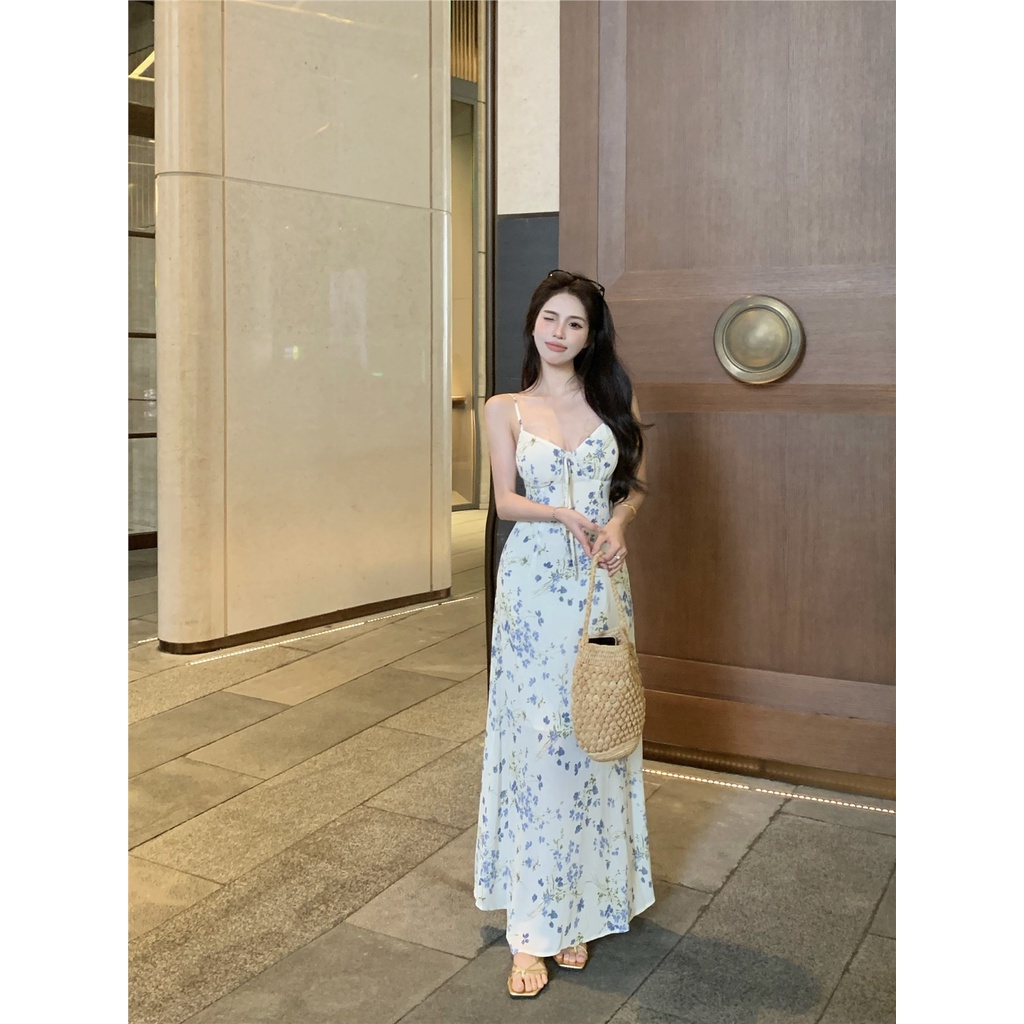 ✓☬#COD Suhao Temperamen Prancis bunga menggantung tali leher gaun musim panas wanita pinggang tinggi strapless back mid-length rok rok angin lembut