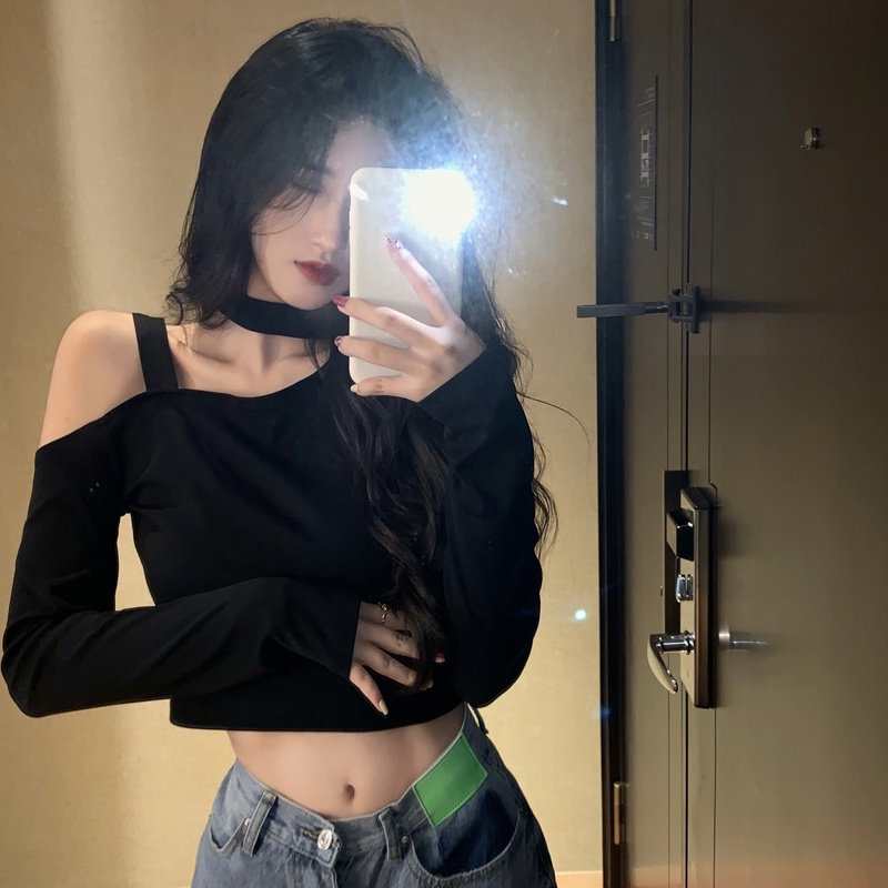 ❁❇#COD Suhao desain hitam strapless halter neck t-shirt wanita musim semi slim lengan panjang bottoming kemeja seksi pinggang tinggi atasan pendek