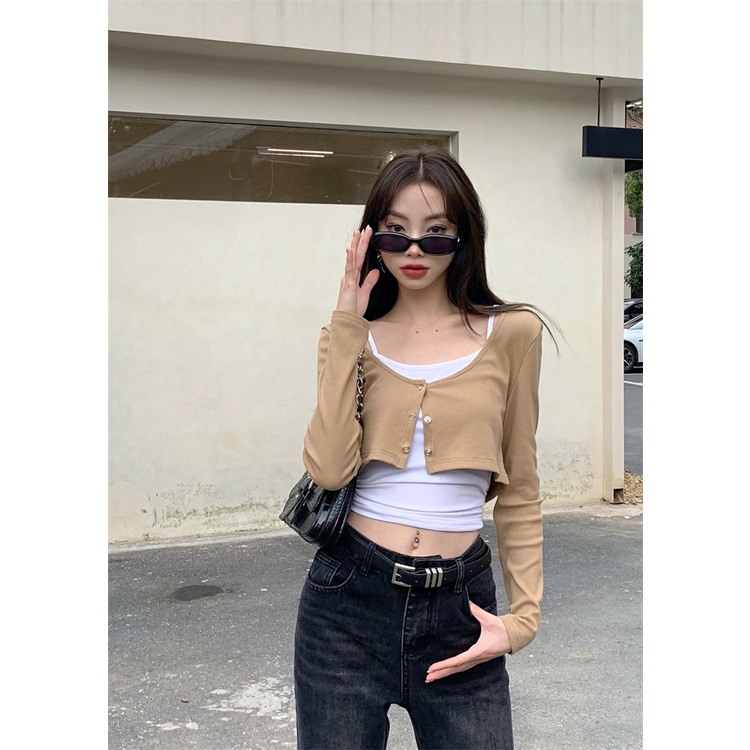 ☃◐☒#COD Suhao hot girl simple lengan panjang T-shirt pakaian wanita musim semi 2023 baru warna solid kardigan pendek kecil set dua potong