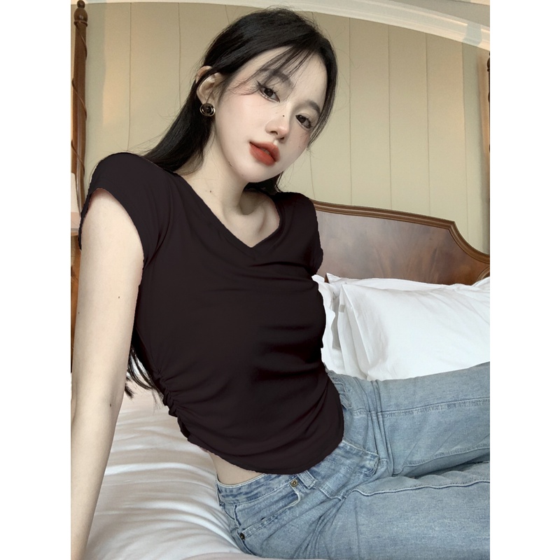 ✁✴#COD Suhao Pure Desire Style V-Neck Lengan Pendek T-shirt Wanita Musim Panas 2023 Baru Hot Gadis Putih Rasa Desain Slim Sexy Inner Top