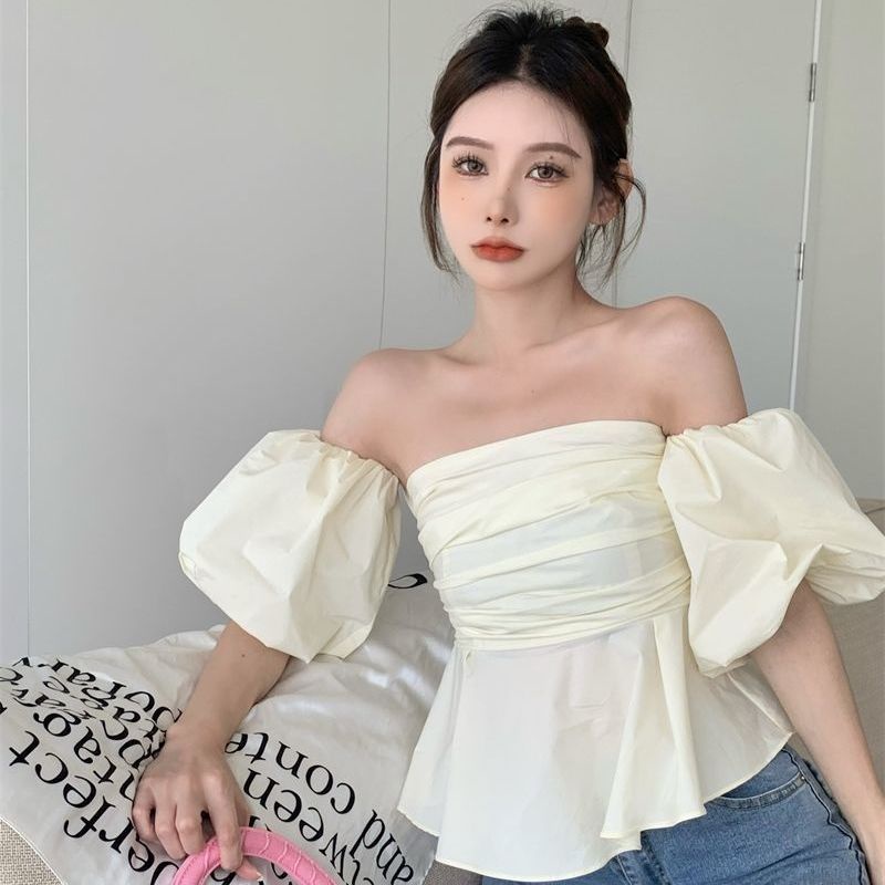 Red 2023 musim panas baru gaya Korea desain engah lengan one-shoulder tipis all-match tube top kemeja top fashion wanita