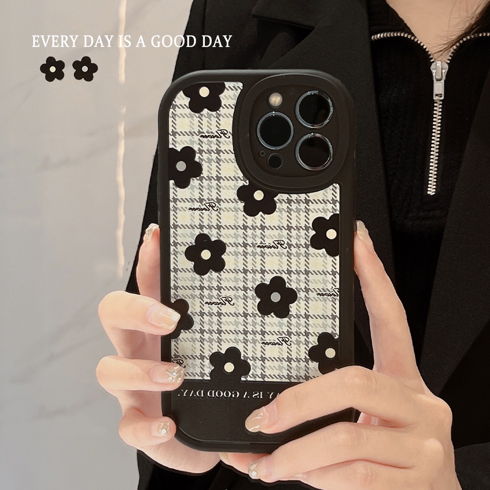 IPHONE Bunga Hitam Houndstooth Soft Phone Case Penutup Pelindung Lensa Kamera Untuk Iphone7 8 PLUS X XR XS 11 12 13 14 MINI PRO MAX SE 2020