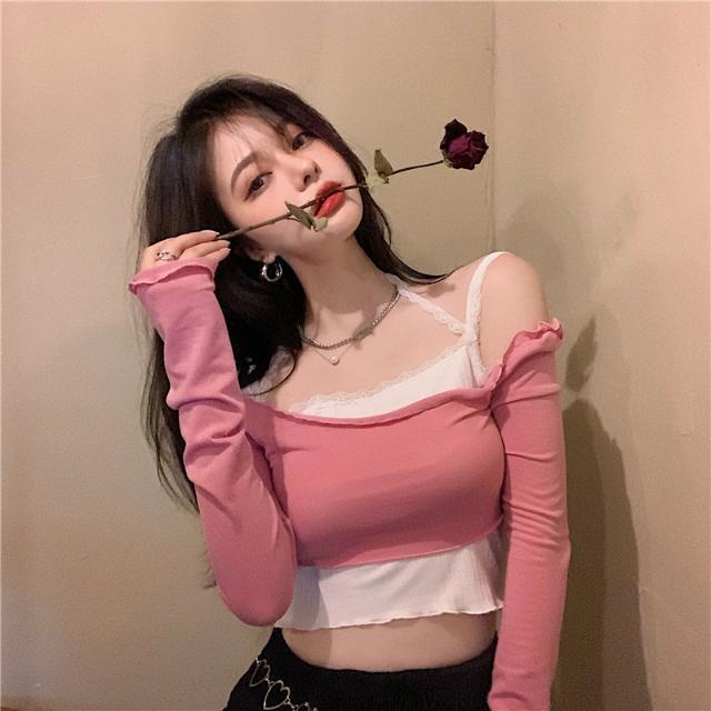 Red One-Shoulder Bagian Pendek Terkena Pusar Ketat Seksi T-shirt Wanita Setelan Jas Lengan Panjang Slim Pink Top In Pasang