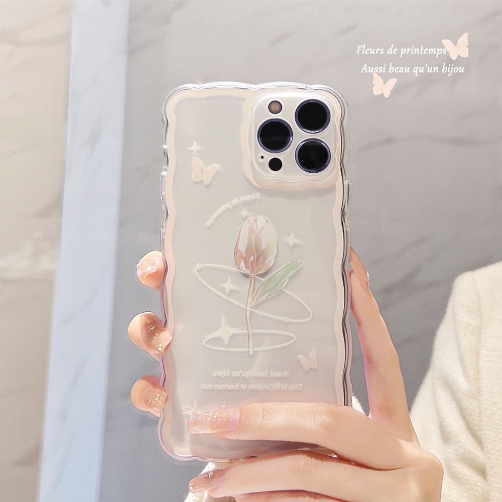 IPHONE Perancis Kristal Tulip Bunga Dicetak Gelombang Berbentuk Transparan Casing Ponsel Untuk Iphone7 8 PLUS X XR XS 11 12 13 14 MINI PRO MAX SE 2020 Full Perlindungan Shell