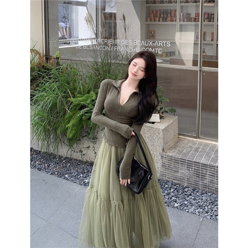 ▤✜#COD Suhao high waist mesh a-line skirt women s clothing spring 2023 new hot girl sexy temperamen payung rok mid-length skirt