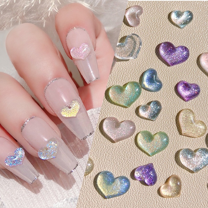 Nail Rhinestones Aurora Glitter Bentuk Hati Nail Art Hias Flat Cinta Warna Campur Manicure DIY Aksesoris