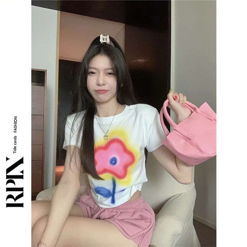 Red RPIN Hong Kong rasa chic bunga cetak chic lengan pendek T-shirt perempuan musim panas hot girl slim bahu pendek bahan katun