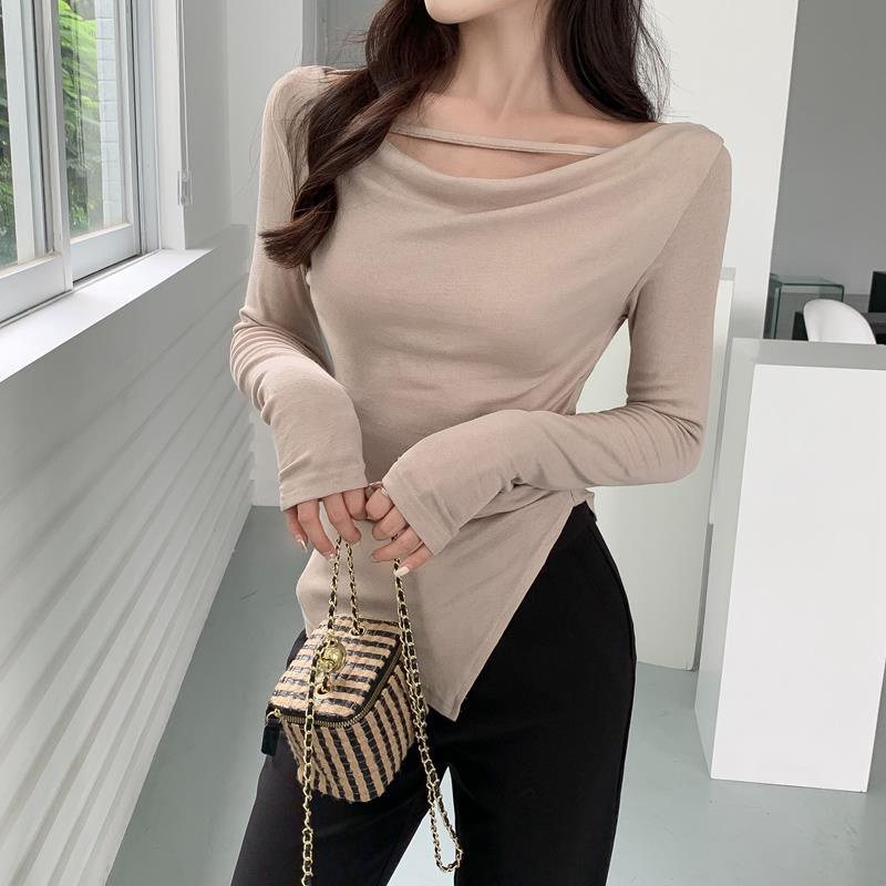 Red Swing collar t-shirt wanita keinginan murni celah angin setengah panjang lengan panjang kemeja musim semi slim versi Korea dari hot girl top