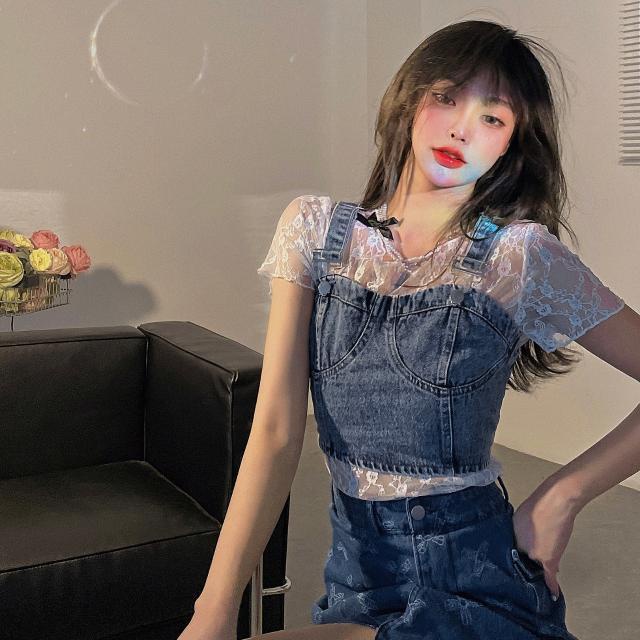 Red Setelan one-piece pahlawan sekolah keren ~ dasar renda putih jacquard + rompi denim retro setelan suspender pendek
