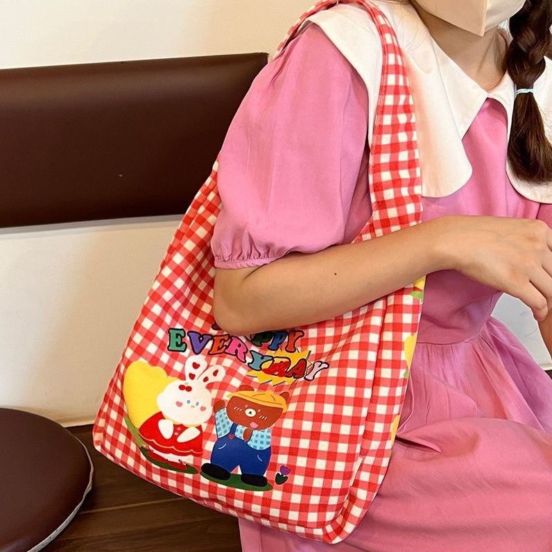 ✐◘۞Sera  Toko Desain Asli Musim Gugur Musim Dingin Retro Lucu Merah Kotak-kotak Kartun Ilustrasi Kanvas Tas Ketiak Tote Tas Tas Bahu Wanita