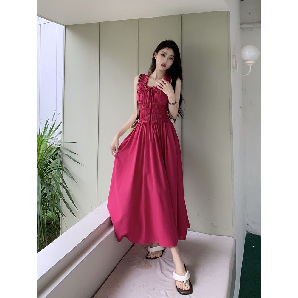 ❏☁▬Perancis retro suspender dress wanita musim panas mawar merah rok pinggang slim temperamen dasi lipit rok panjang